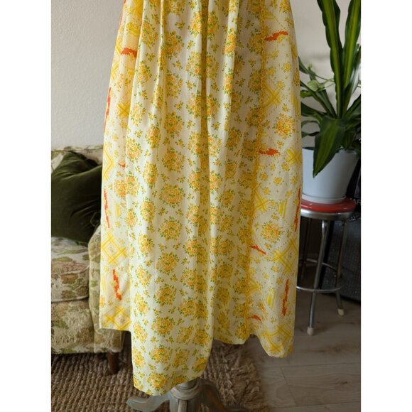 Vintage Handmade Dress 60s 70s Women's Yellow Cotton Blend Floral A Line Mod XS - Picture 4 of 9